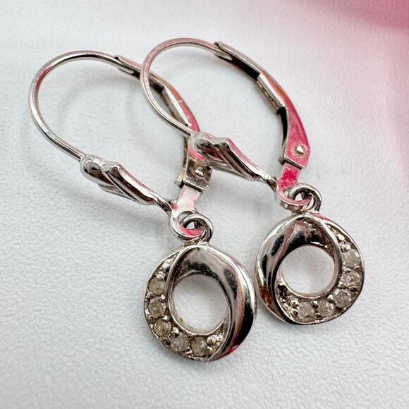 OTC 925 Diamond Wave Circle Dangle Leverback Earrings Dainty Bridal Wedding Tiny - Picture 1 of 13